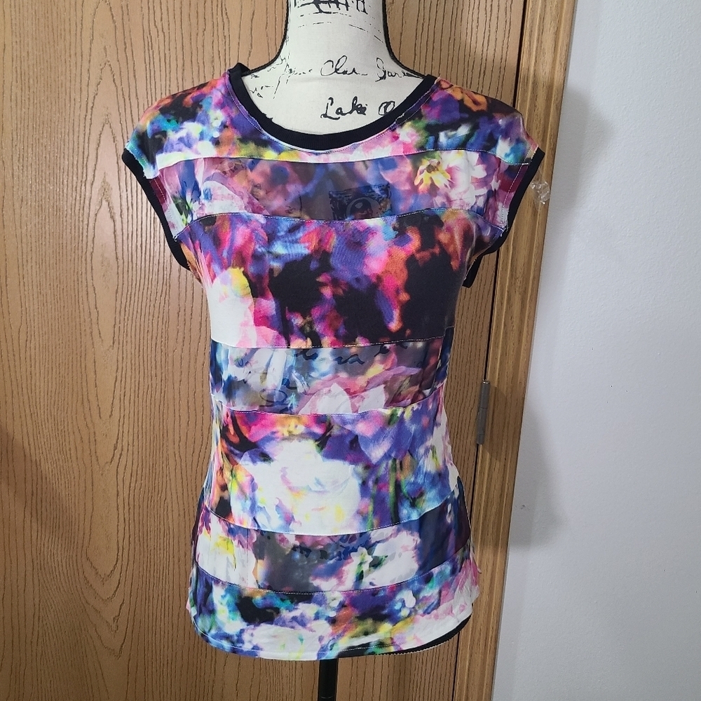 Karen Millen Multicolored Abstract Floral Print Sheer Stripe Patchwork T-shirt